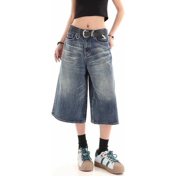 Baggy Wide Leg Cropped Denim Jeans for Women Men Casual Summer Clothes - Picture 3 of 7
